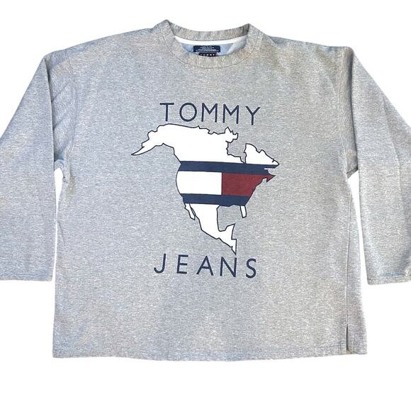 Vintage XL Tommy Jeans USA Baggy Oversized Sweatshirt 90s Y2K Logo Gray Crewneck - Picture 1 of 8
